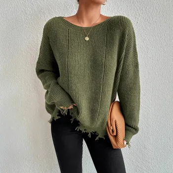 Women's Sweaters Casual Fashion 2025 Long Sleeved Knitting Solid Color Raw Hem Drop Shoulder Loose Fit Sweater for Fall