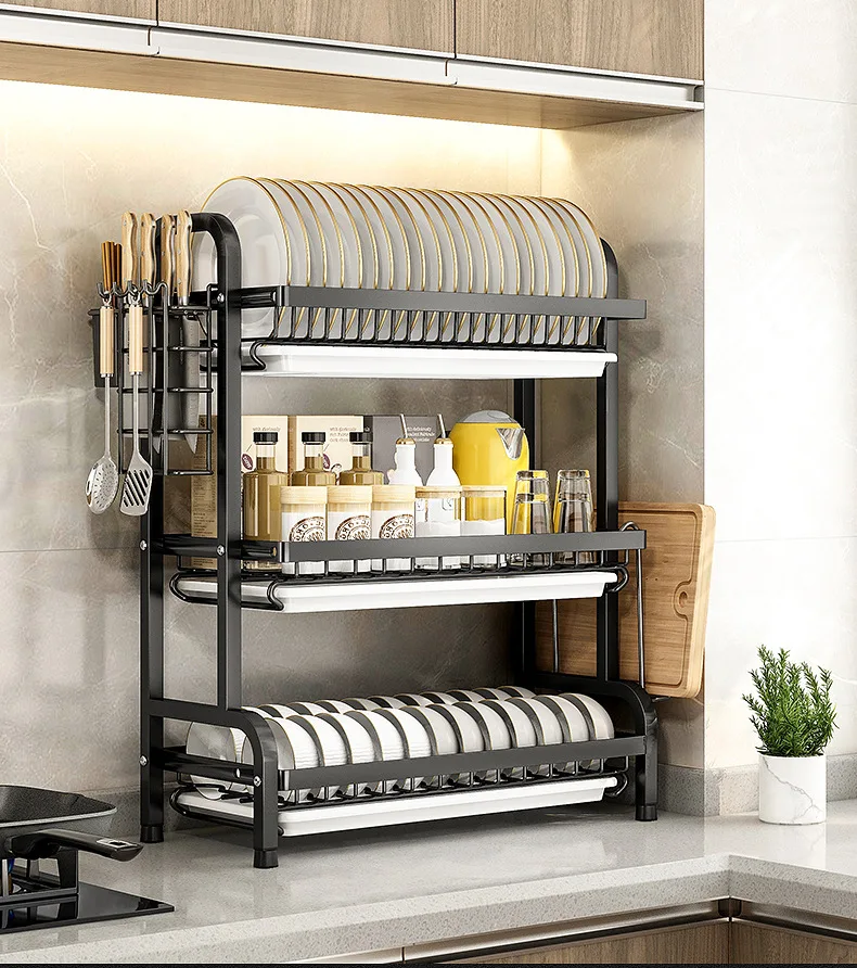 Customization Kitchen Countertop Cambond Iron 3 Tier Dish Rack With Drain Board supplier