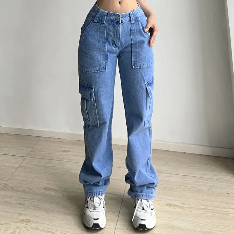 2023 New Hot Selling Women's Jeans New Versatile Multi Pocket Cargo ...