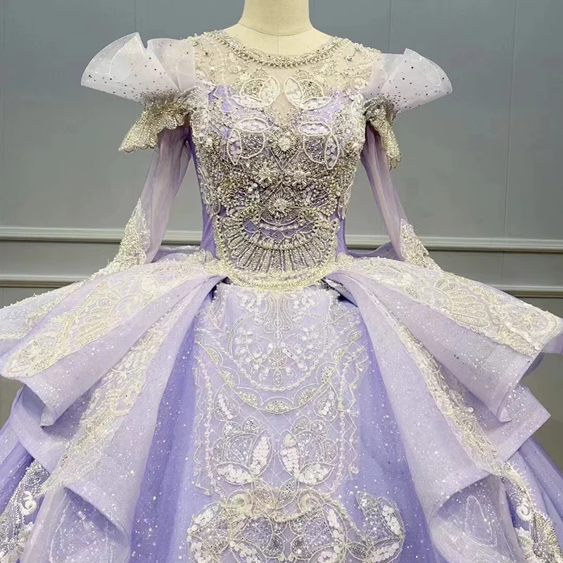 New Design Factory Direct Sales Long Sleeve Quinceanera Dress Purple Lace Color Wedding Dress Wn036