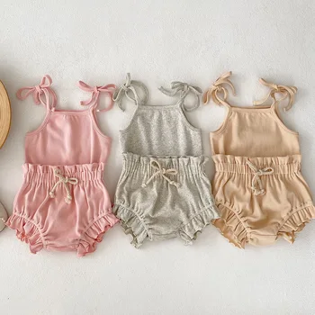 2025 Spring Summer Infant Clothing Set Stylish Girl Top Strap Flower Waist Shorts Solid Pattern Made Ribbed Cotton Baby Suit