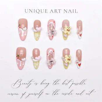 New Fashion High Quality Bear Bow Designed Fresh Style Wearable Nail Art Handmade Press on Nails Wholesale Artificial Fingernail