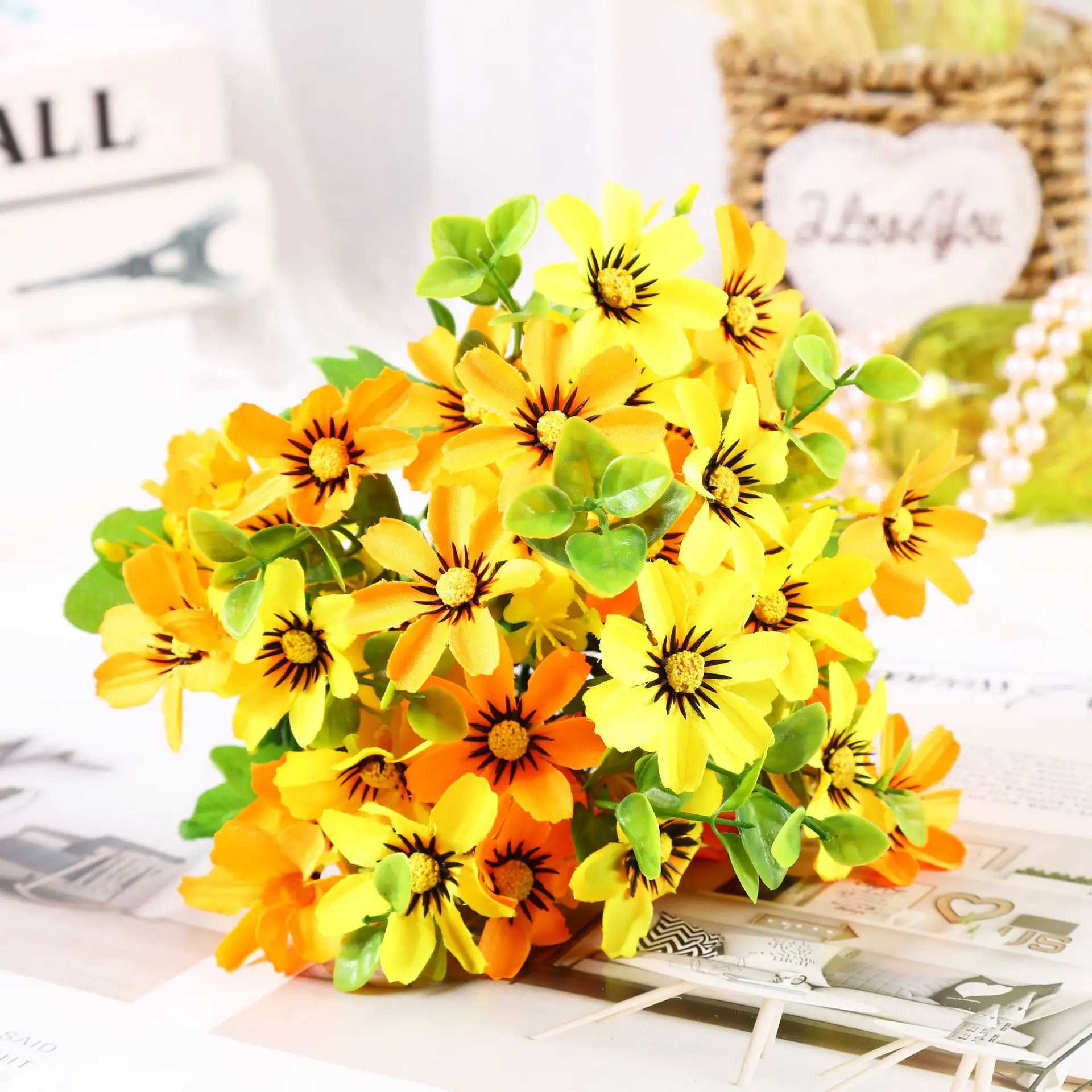 5 Forks Artificial Flowers Colorful Daisy Plant Bouquet For Home Table
