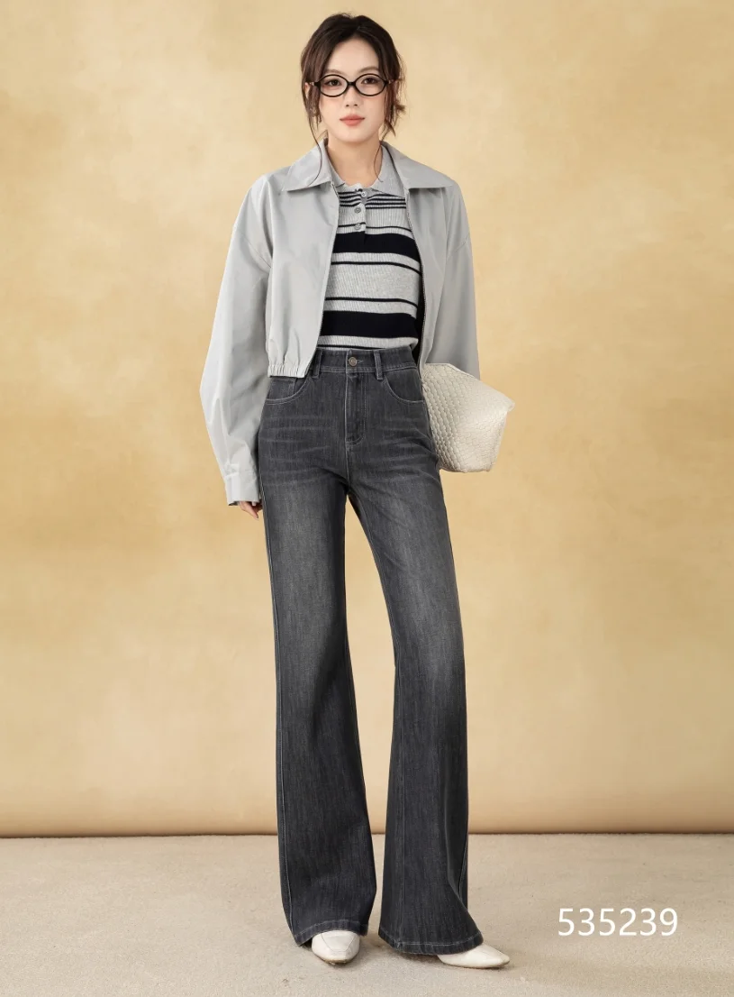 Women's Vintage-Style Dark Wash Straight Stretch Denim Pants Breathable Relaxed Wide-Leg for Formal Wear Simple Fashion