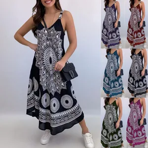 Hot Selling Sleeveless Bohemian Beach Dress, Floral Casual Elegant T-shirt Dress for Women