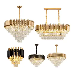 JACKSUN High-End Luxury Hotel Iron Crystal Chandelier Hall Bedroom Living Room Black Gold Crystal Pendant Light
