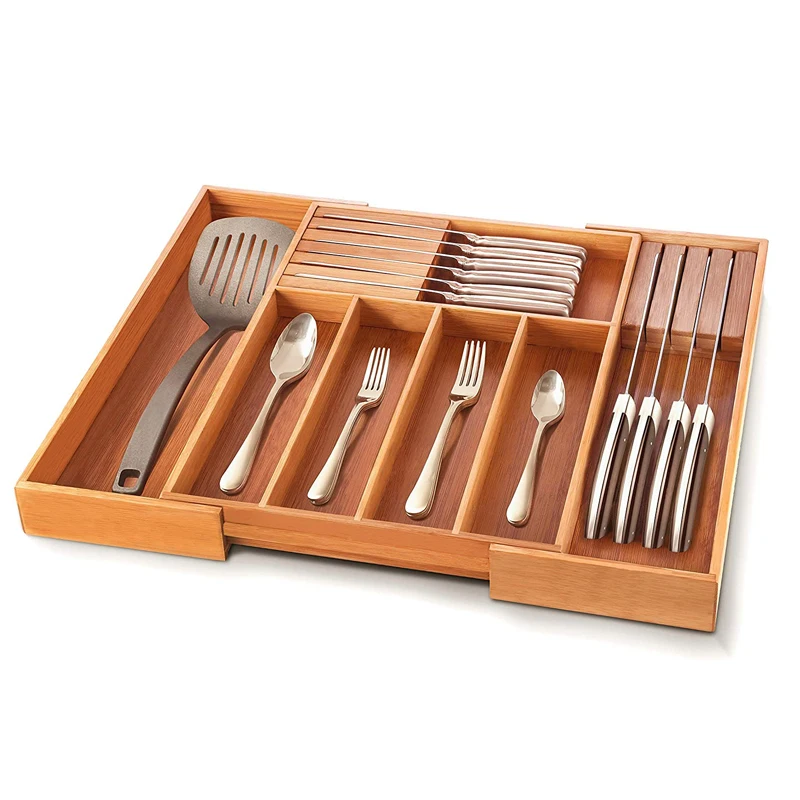 Bamboo Expandable Silverware Drawer Organizer Silverware Organizer Kitchen Knife Holder Cutlery Tray Flatware Storage Holder