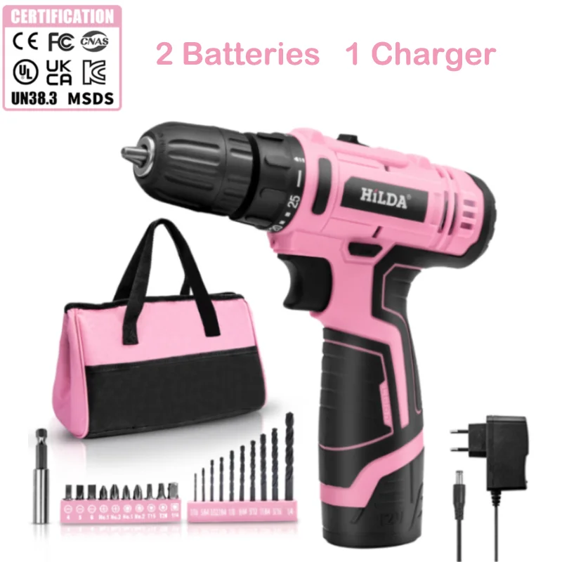 20pcs Household 12V Pink Cordless Chargeable Drills Combo Set for Ladies  Includes Batteries Charger Cloth Bag OEM Supported