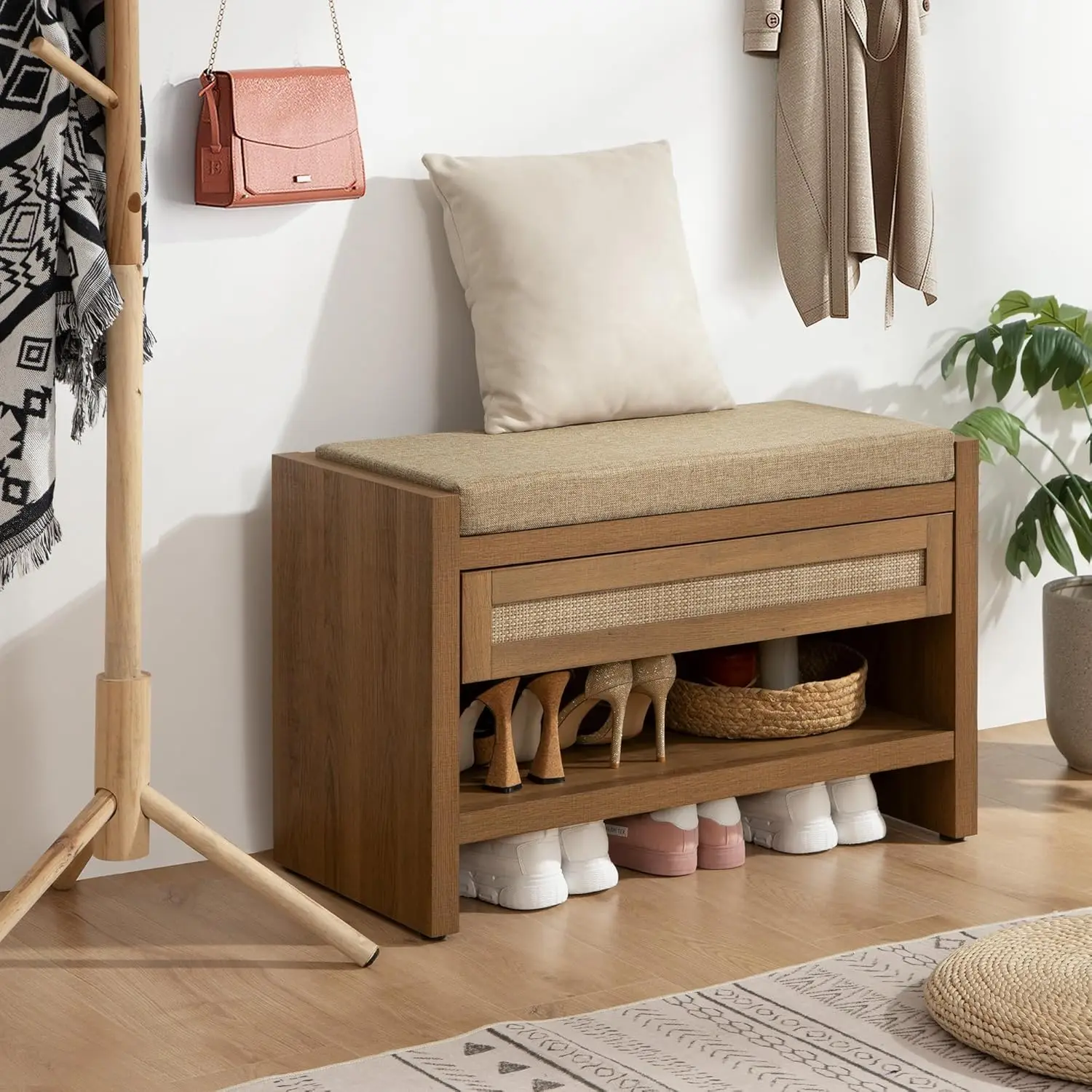 Shoe Bench Entry Bench with Storage Drawer and Linen Seat Cushion Shoe Rack With Shelf Wooden Storage Bench for Hallway Bedroom