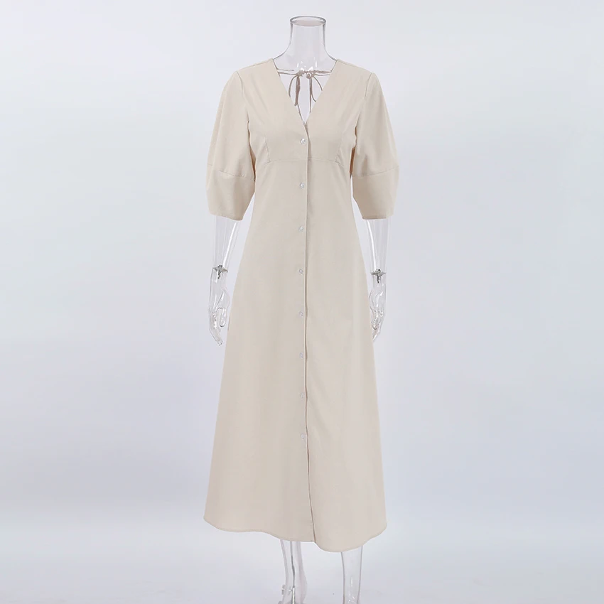 OOTN Ladies V-Neck Cotton Dresses Soft Summer 2023 Puff Sleeve Long Backless Button Dress Elegant Beige Women Linen Dress OOTN Ladies V-Neck Cotton Dresses Soft Summer 2023 Puff Sleeve Long Backless Button Dress Elegant Beige Women Linen Dress