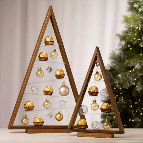 Rustic A-Frame Christmas Tree Shelf - Wood Ornament Display for