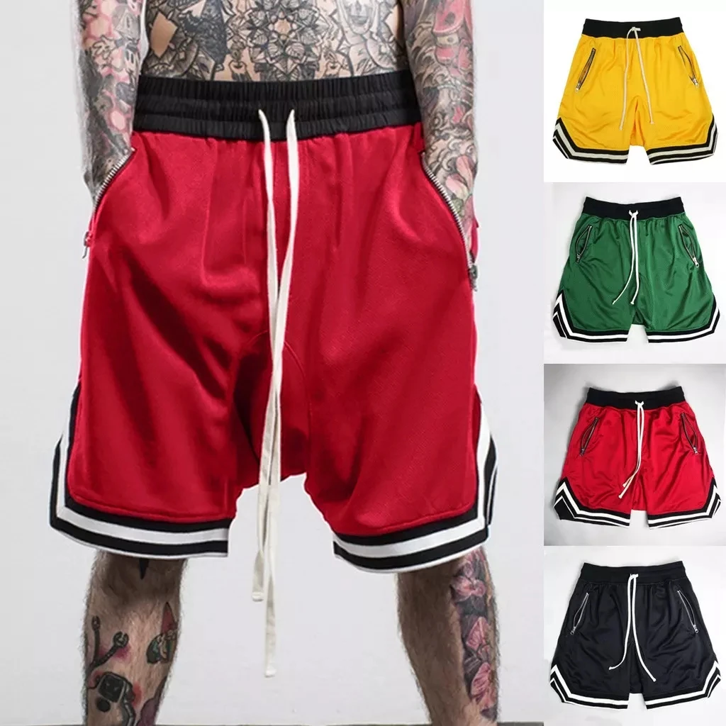 Pantaloncini in poliestere da allenamento per presa da uomo personalizzati Pantaloncini in rete atletica da uomo con coulisse da palestra ad asciugatura rapida con tasca con cerniera solida377_voghion.com