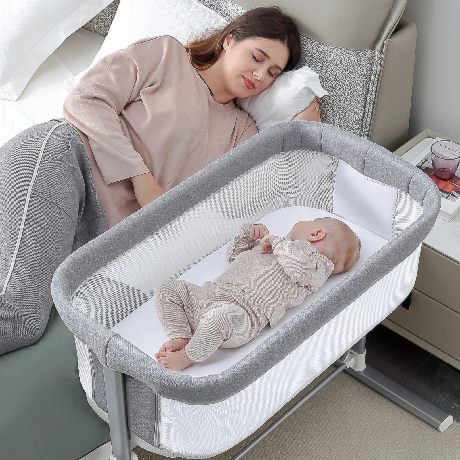 RONBEI Baby Bassinet Adjustable, Breathable Bedside Sleeper