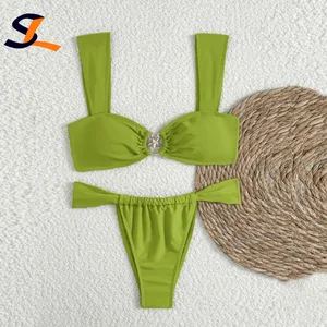 Factory Custom New Sexy Solid Metal Star Two Piece Bikini Bandeau Swimsuit Women Thong Swimwear