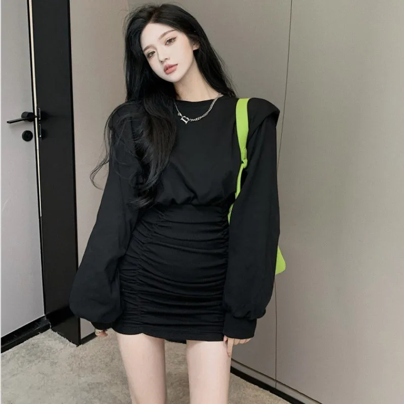 Korean Version Versatile   Dress With Waist Cinching Slimming Effect Short Skirt  Women  Wrapped Buttocks Long sleeves
