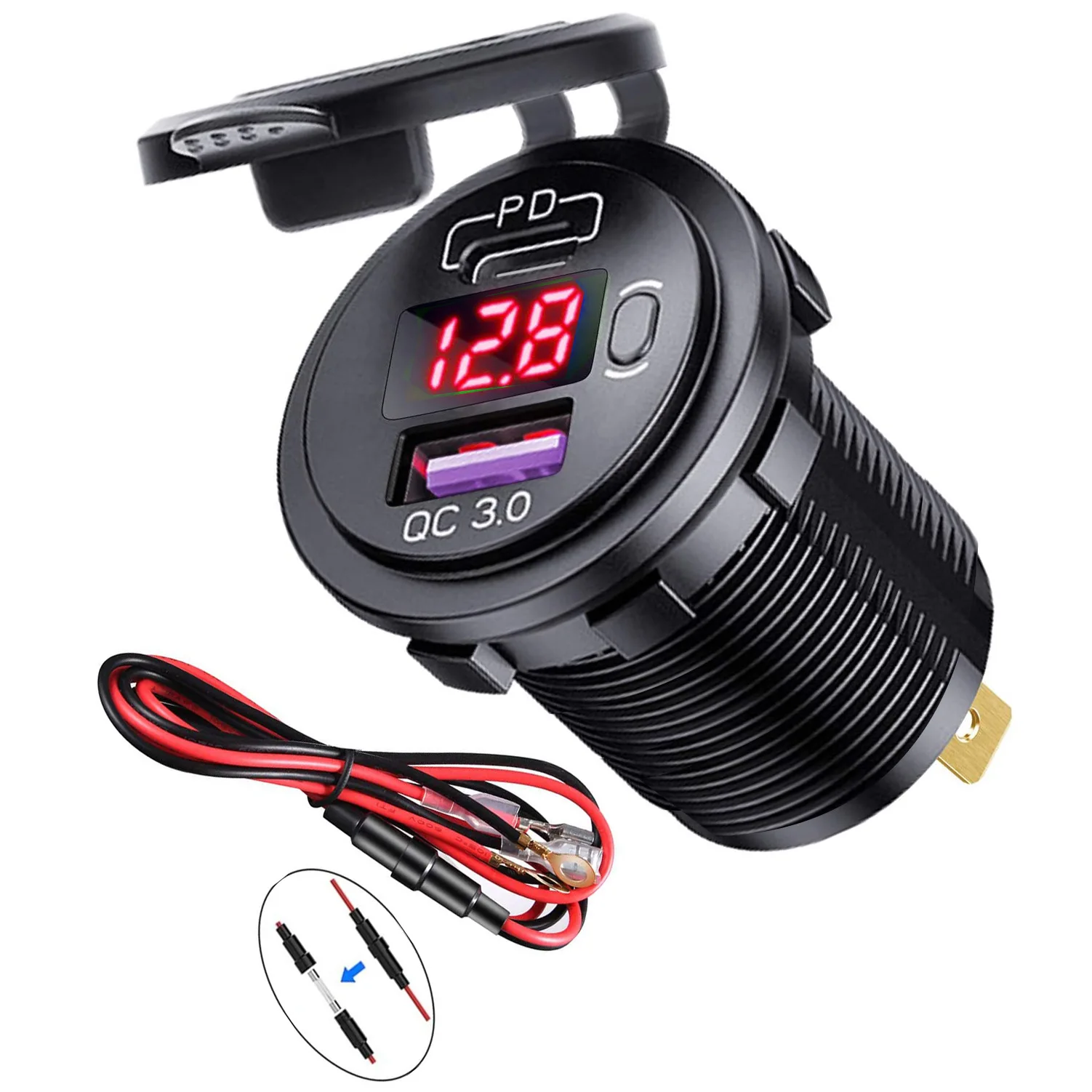 12V-24V USB Car Charger - Dual QC 3.0 Fast Charge, All-Metal Waterproof, With On/Off Switch & Hole Saw