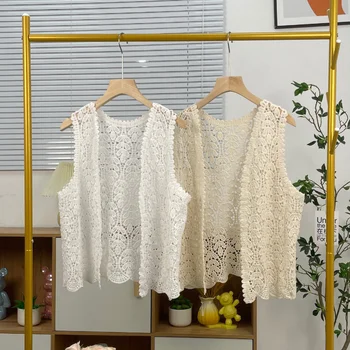 Fashion new women knitwear tops perspective flower crochet blouse short sleeve cardigan lace blouse
