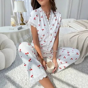 OEM Custom Logo Cherry Print Pajamas Women Set Contrast Lace V-neck Loose Short Sleeve and Long Pants Pajamas Comfy Home Wear