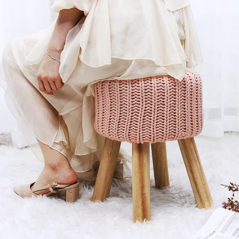 Adorable Colorful Low Stool With Wooden Leg Cute Chair Footstool Knit Ottoman