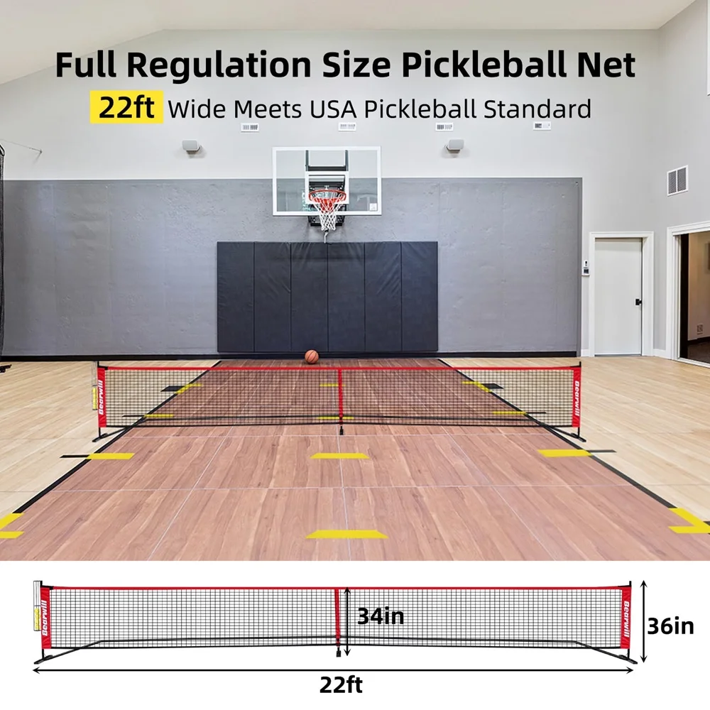 22ft Outdoor Portable Pickleball Net for Driveway Durable PE Knitted Net with Court Lines and 6 Wheels for Pickleballs details