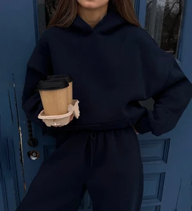 Custom Logo Solid Pullover Hoodie Set Two Piece Outfit with Jogger Pants Comfortable Fleece Tracksuit for Women Casual Wear