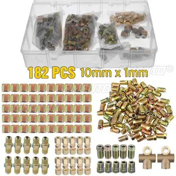 182pcs/162pcs Brake Hose Line Pipe Connectors Nuts Fittings Male Female Kits 2 3 Way 10x1mm 3/16" 3/8" Metric Nuts