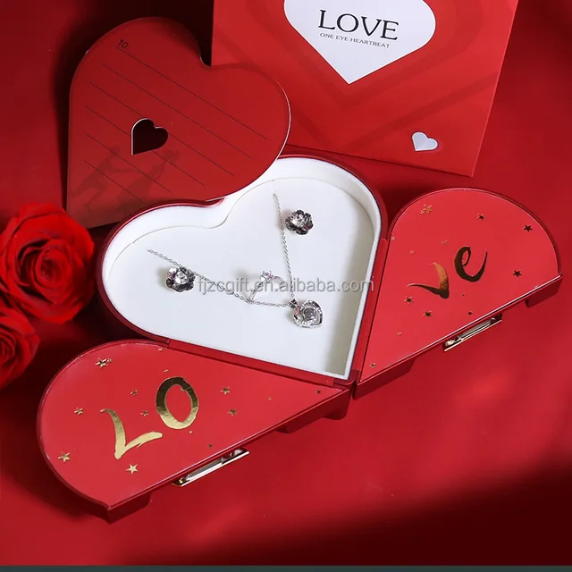 Handmade Creative Valentine's Day Gift Box Double Open Heart Design with Pink for Girl Ring Necklace Jewelry Packaging