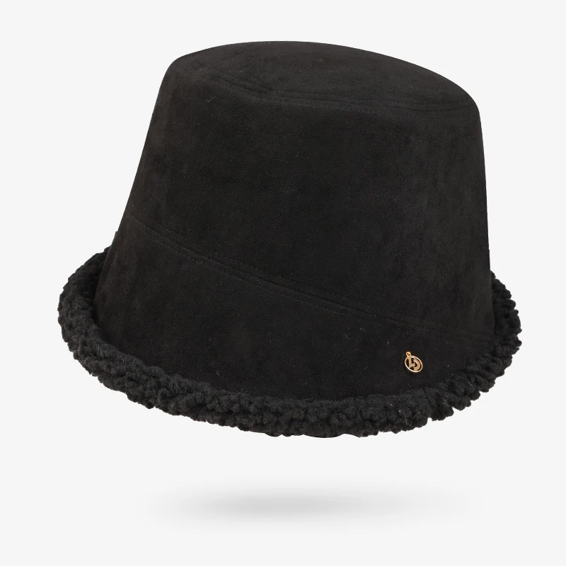 Warm Fleece Fabric Winter Bucket sude Outside custom Metal logo Cap