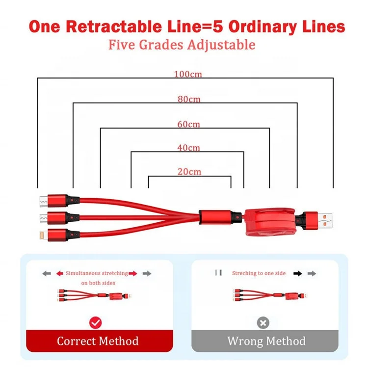 
 Лидер продаж Amazon, быстрая зарядка 2,4 А, 3 в 1, Выдвижной USB-кабель для передачи данных, зарядный кабель для Type-C Micro для android, iPhone  