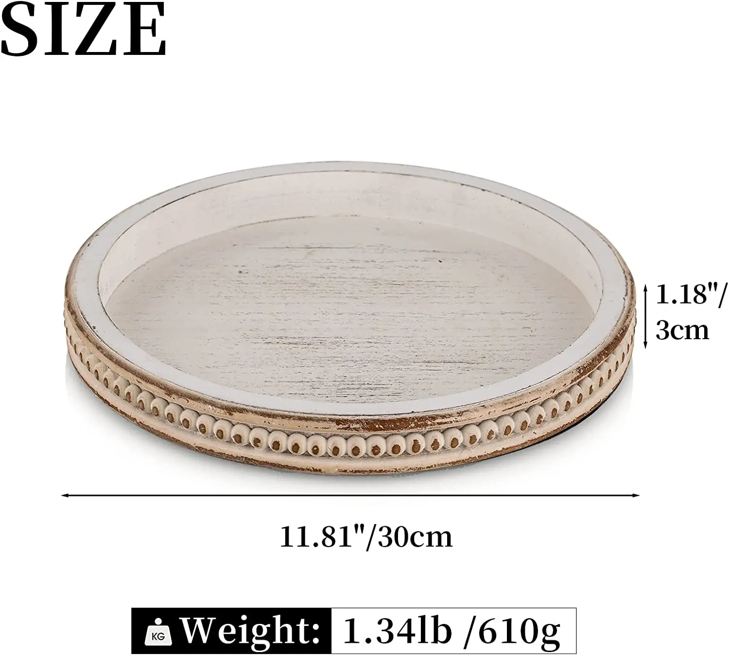 Wood Decorative Tray Round White Washed Bead Tray For Coffee Table