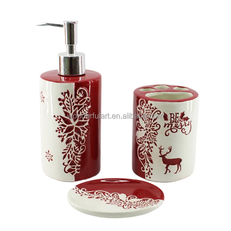 4pieces hotel bathroom products red painted ceramic Christmas theme bathroom accessories set soap dispenser tooth brush holder