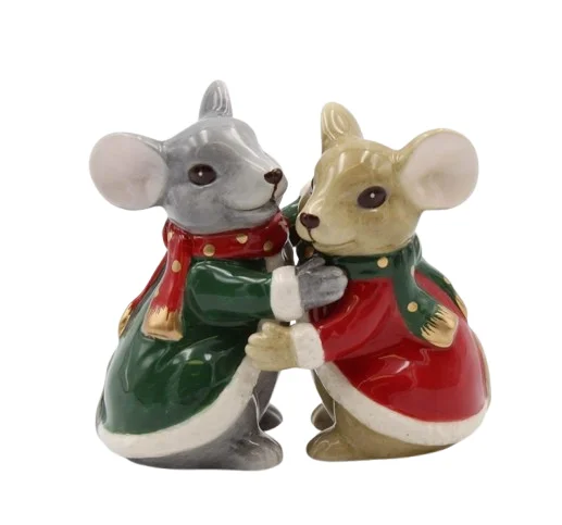 Fine Ceramic Christmas Holidays Mouse Couple Hugging Salt & Pepper Shakers Set