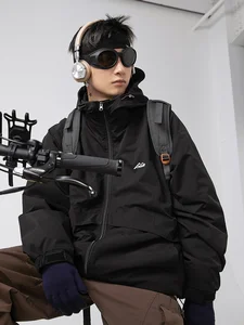 Three-in-One Charging Hooded Jacket Men Women Winter Japanese Loose Detachable Liner Rabbit Stand Front Zipper Hip Hop Windproof