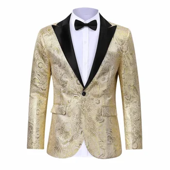 2025 Men's Golden Flower Tuxedo Paisley Notched Blazer Single Breasted Zipper Fly for Dinner Prom Wedding