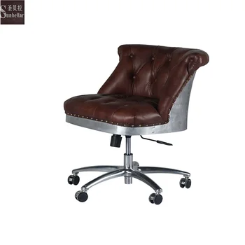 OEM ODM Top Grain Leather Swivel Office Chair Vintage Brown Leather Aluminium with Tufted Buttons Back Loft Industrial Chair