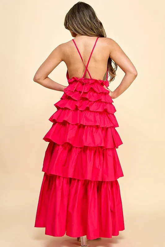 Elegant Ladylike Solid Red Dress V-neck Tiered Ruffles Sweet Style Casual Maxi Length High Waist Women Wear Spring Summer Galas - Image 5
