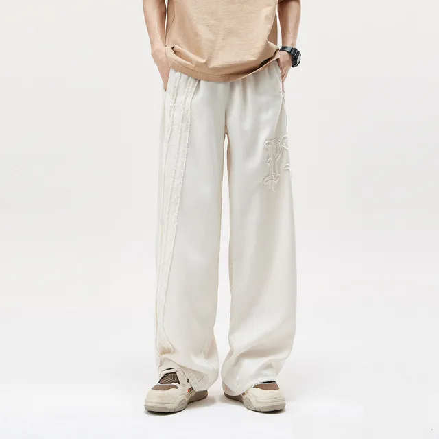 Men's Lyocell slick-thigh-wide straight pants with fabric embroidered fringe side fabric spring men's loose pants