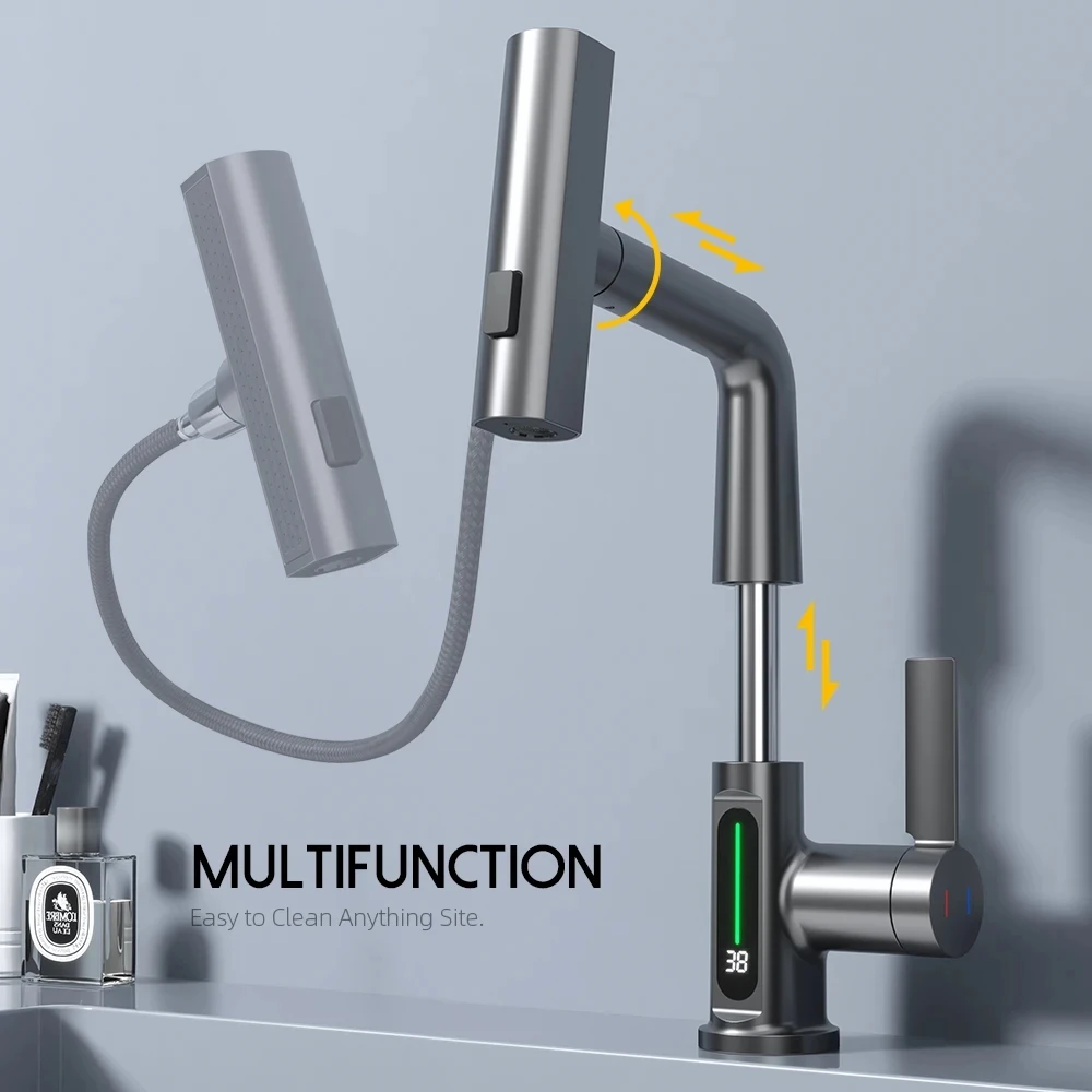 Temperature Digital Display Basin Faucet for Bathroom Pull Out Waterfall Stream 3 Way Sprayer Hot Cold Water Sink Mixer Wash Tap
