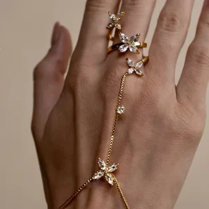 Trendy Stainless Steel Bracelet Zircon Chain Bangles Finger Hand Ring for Girl Women