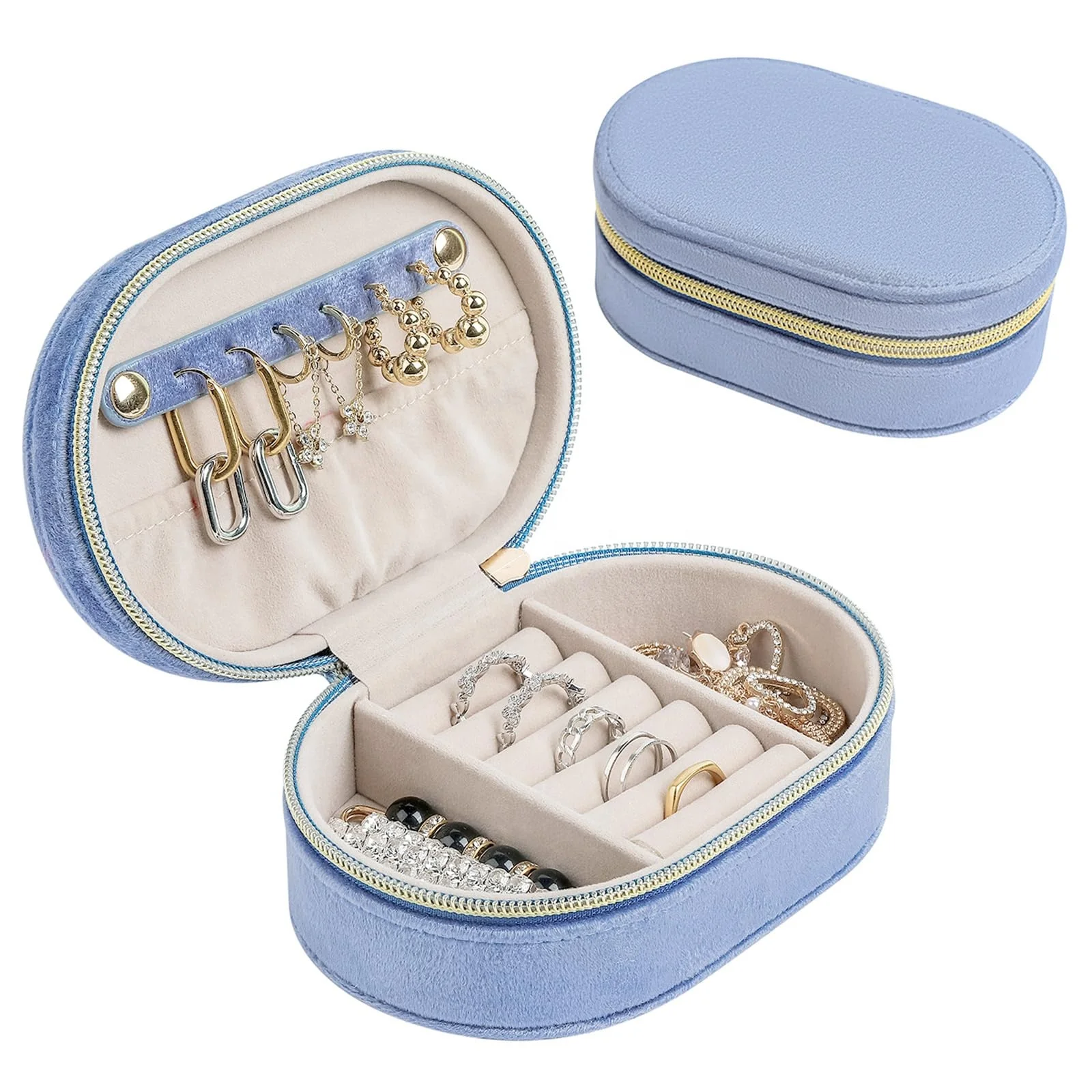 Piccolo portagioie da viaggio in velluto con specchio, organizer per gioielli per ragazze e donne, chiusura lampo in pelle PU, custodia da viaggio per anelli, orecchini, collane, bracciali C