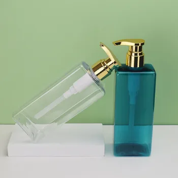 Bottle wholesale plastic bottle clear and blue 500ml gold pump head square shower gel conditioner shampoo bottle