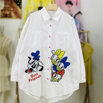 Wholesale Ladies Striped Shirt 2021 Spring Autumn New Women's Shirts Cartoon Stitching Female Long Sleeved Top Blusas De Mujer