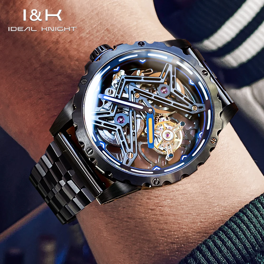 Orologio da Polso Automatico da Uomo Ideal Knight 6803 con Logo Personalizzato, in Acciaio Inossidabile, Scheletrato, con Movimento Tourbillon