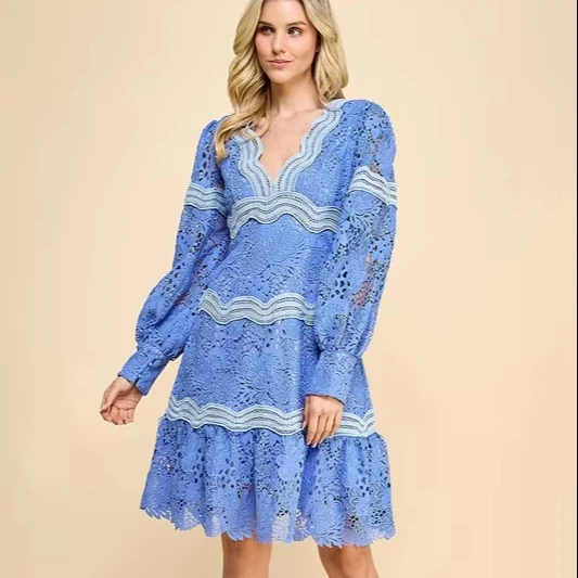 Elegant Ladies Dress With V-neck Lace Solid Pattern And Puff Sleeves Sweet Style Natural Waistline For Parties - Image 1