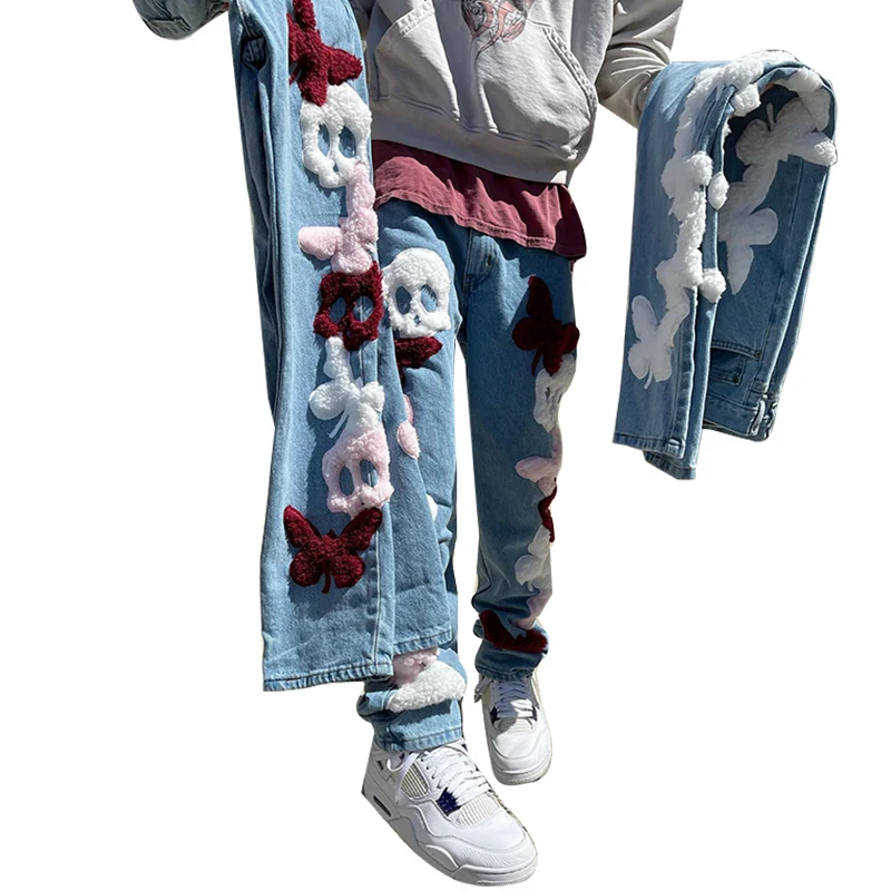 Custom Streetwear Trousre Cotton Fluffy Embroidery Patch High Wais Stretch Button Mens Denim Jeans Pants