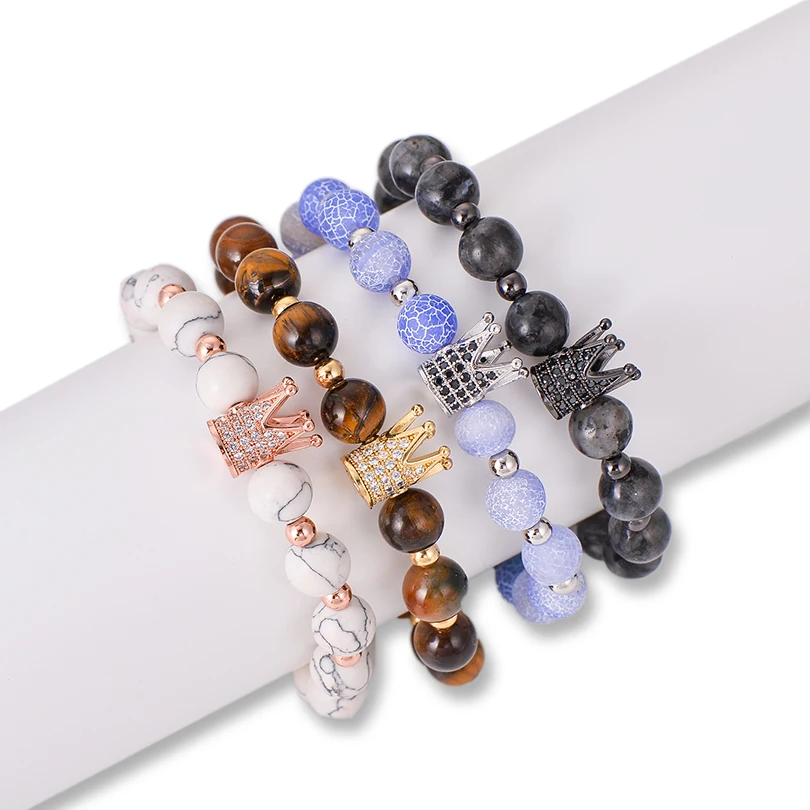 Behkiuoda Natural Stone Crown Beads Bracelet for Women Men Zircon Dangle Couple Jewelry 