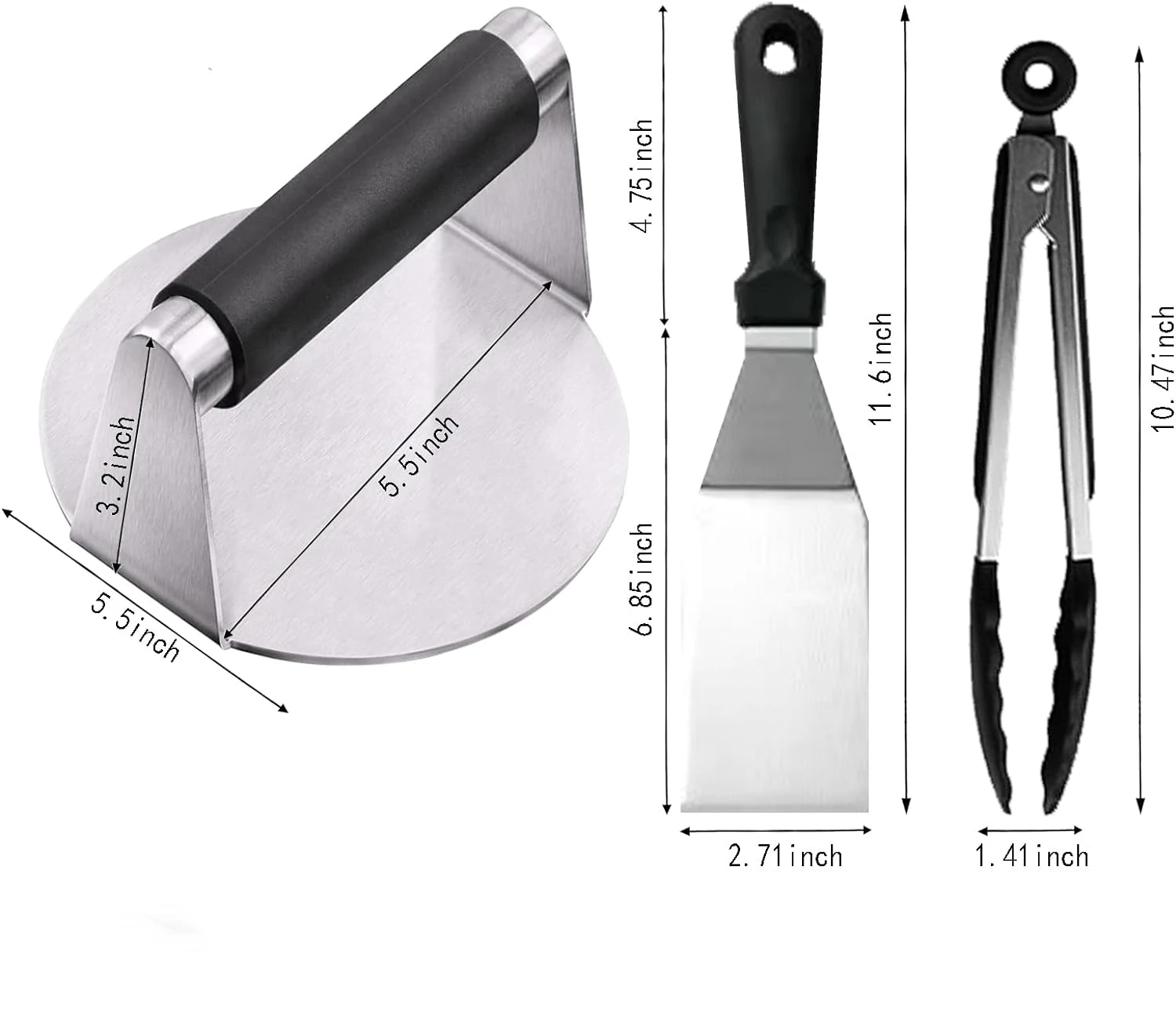 Smash Burger Press with Anti-Scald Handle Stainless Steel Burger Smasher Includes Grill Tongs & Grill Spatula Accessories Kit
