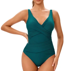 Hot Selling Solid Color One-Piece Swimsuit for Women Sexy V-Neck High Cut Tummy Control Backless Swimwear in Plus Size
