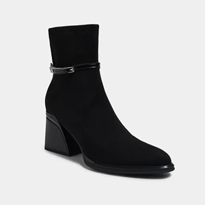 Chic Black Suede Block Heel Ankle Boots Korean Style Buckle Strap Pointed Toe Height Increasing