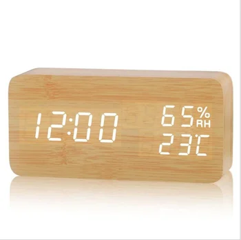 Alarm Clock LED Digital Wooden USB Powered Table Watch With Temperature Humidity Voice Control Snooze Electronic Desk Clocks